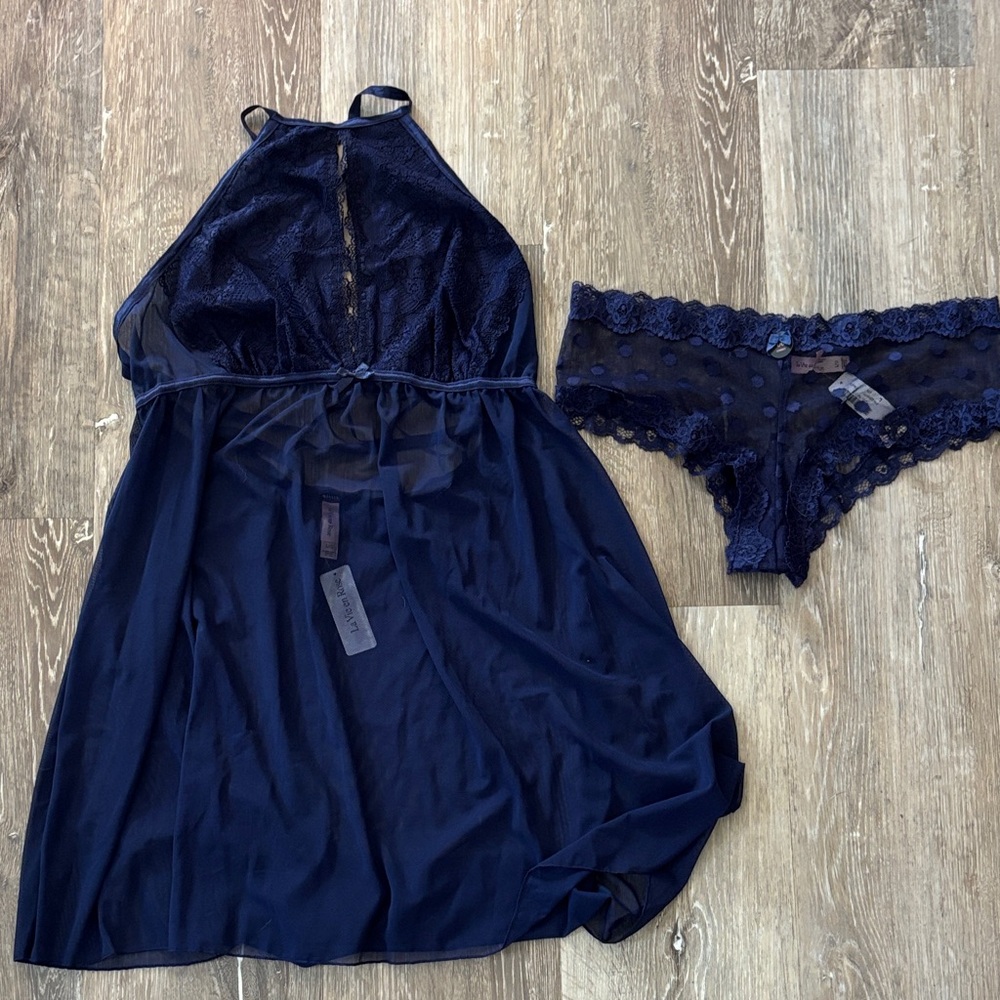 La Vie En Rose Navy Blue Sheer Lace Chemise & Panty Lingerie Set